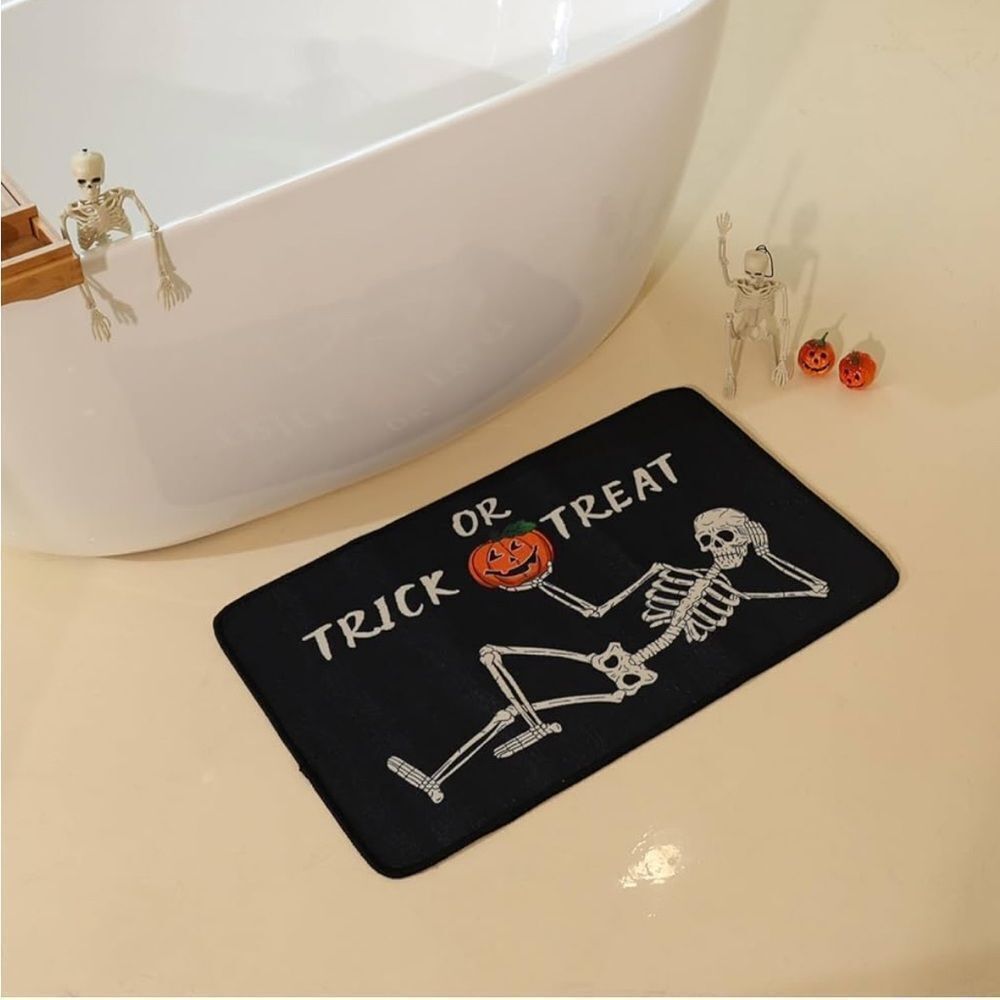 Skull Pumpkin Halloween Bath Mat - Trick Or Treat Bathroom Rug, Non-Slip